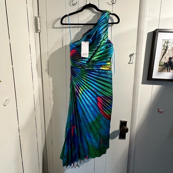 AKIRA NWT Multicolor One-Shoulder Pleated Dress - Picture 3 of 6
